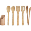 Six bamboo kitchen utensils lined up: a holder, four spoons/spatulas and a pair of tongs