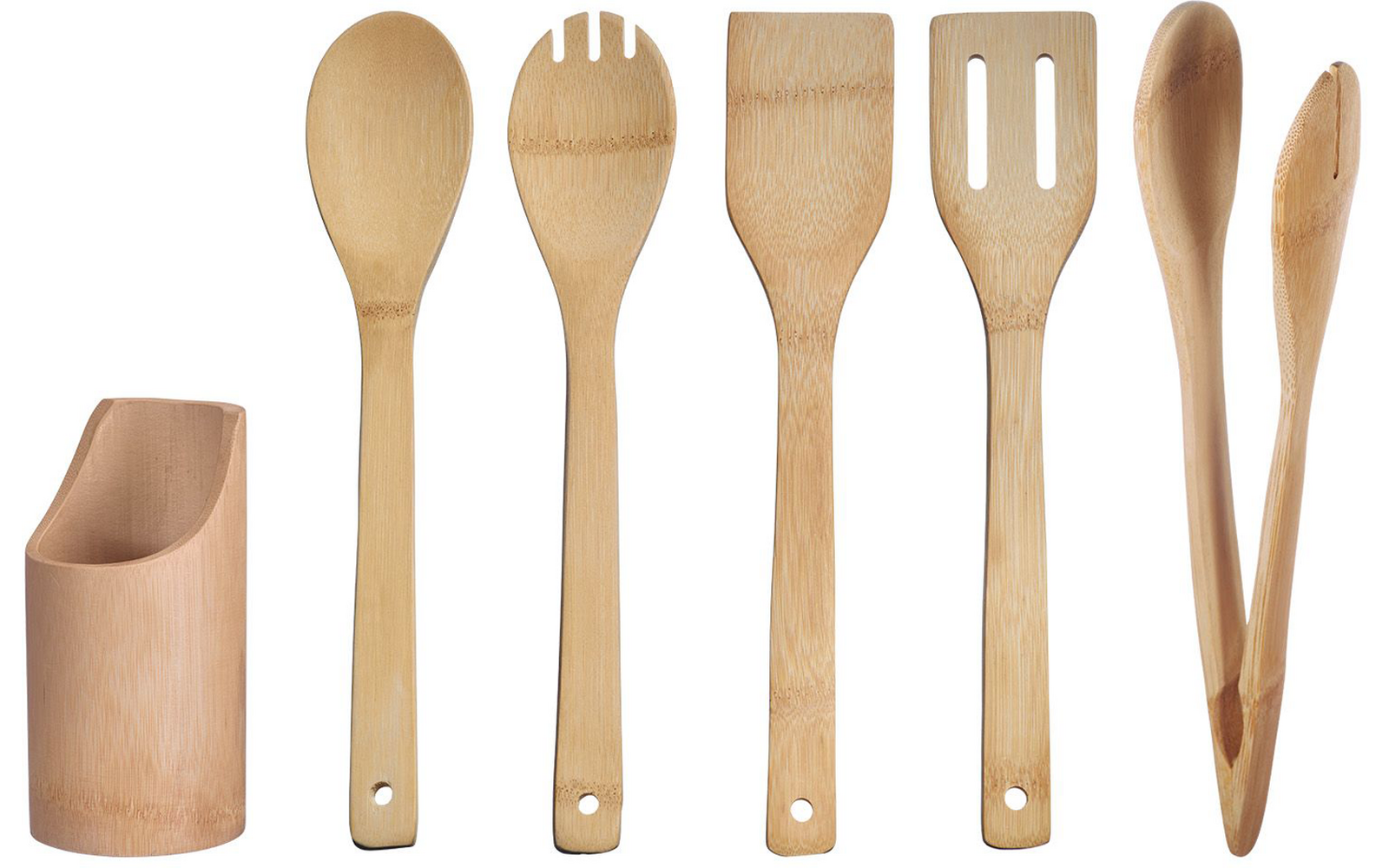 Six bamboo kitchen utensils lined up: a holder, four spoons/spatulas and a pair of tongs