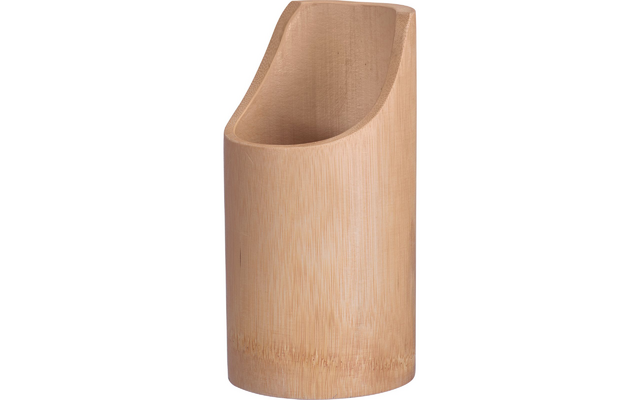 Tall cylindrical container of light bamboo wood with a slanted top opening and visible wood grain on a white background
