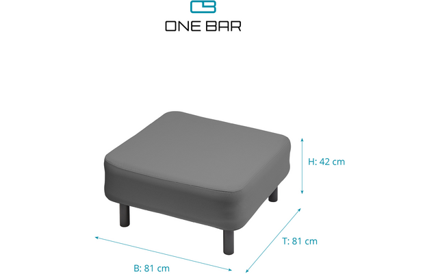Grauer quadratischer Hocker mit vier Beinen und Maßen von 81 cm Breite, 81 cm Tiefe und 42 cm Höhe