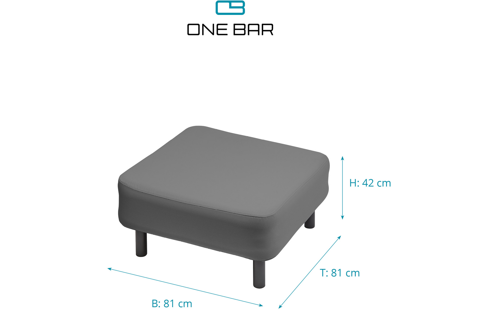 Grauer quadratischer Hocker mit vier Beinen und Maßen von 81 cm Breite, 81 cm Tiefe und 42 cm Höhe