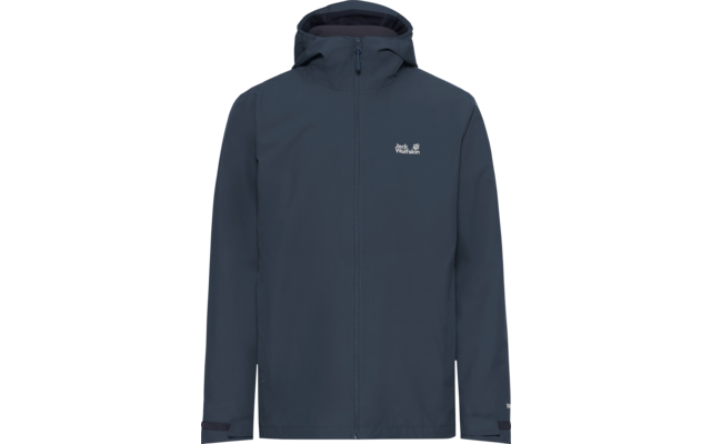 Donkerblauwe capuchonjas, voorkant, ritssluiting gesloten, wit logo op linker borst