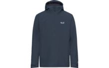 Donkerblauwe capuchonjas, voorkant, ritssluiting gesloten, wit logo op linker borst