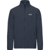 Donkerblauwe jas met ritssluiting over de hele lengte, opstaande kraag, twee zijzakken en wit "Jack Wolfskin"-logo op de linkerborst