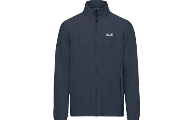 Donkerblauwe jas met ritssluiting over de hele lengte, opstaande kraag, twee zijzakken en wit "Jack Wolfskin"-logo op de linkerborst