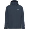 Donkerblauwe capuchonjas, voorkant, ritssluiting gesloten, wit logo op linker borst