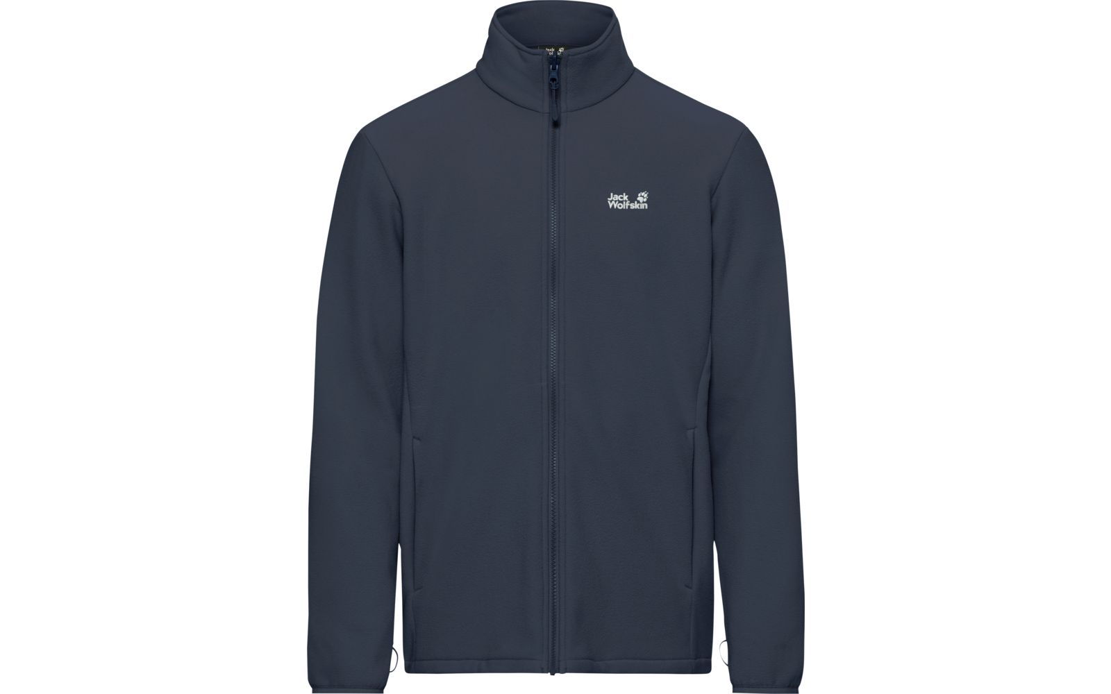 Donkerblauwe jas met ritssluiting over de hele lengte, opstaande kraag, twee zijzakken en wit "Jack Wolfskin"-logo op de linkerborst