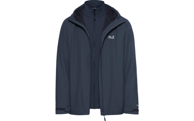 Donkerblauwe outdoorjas met capuchon, zichtbare binnenste ritssluitinglaag en klein wit merklogo op de borst
