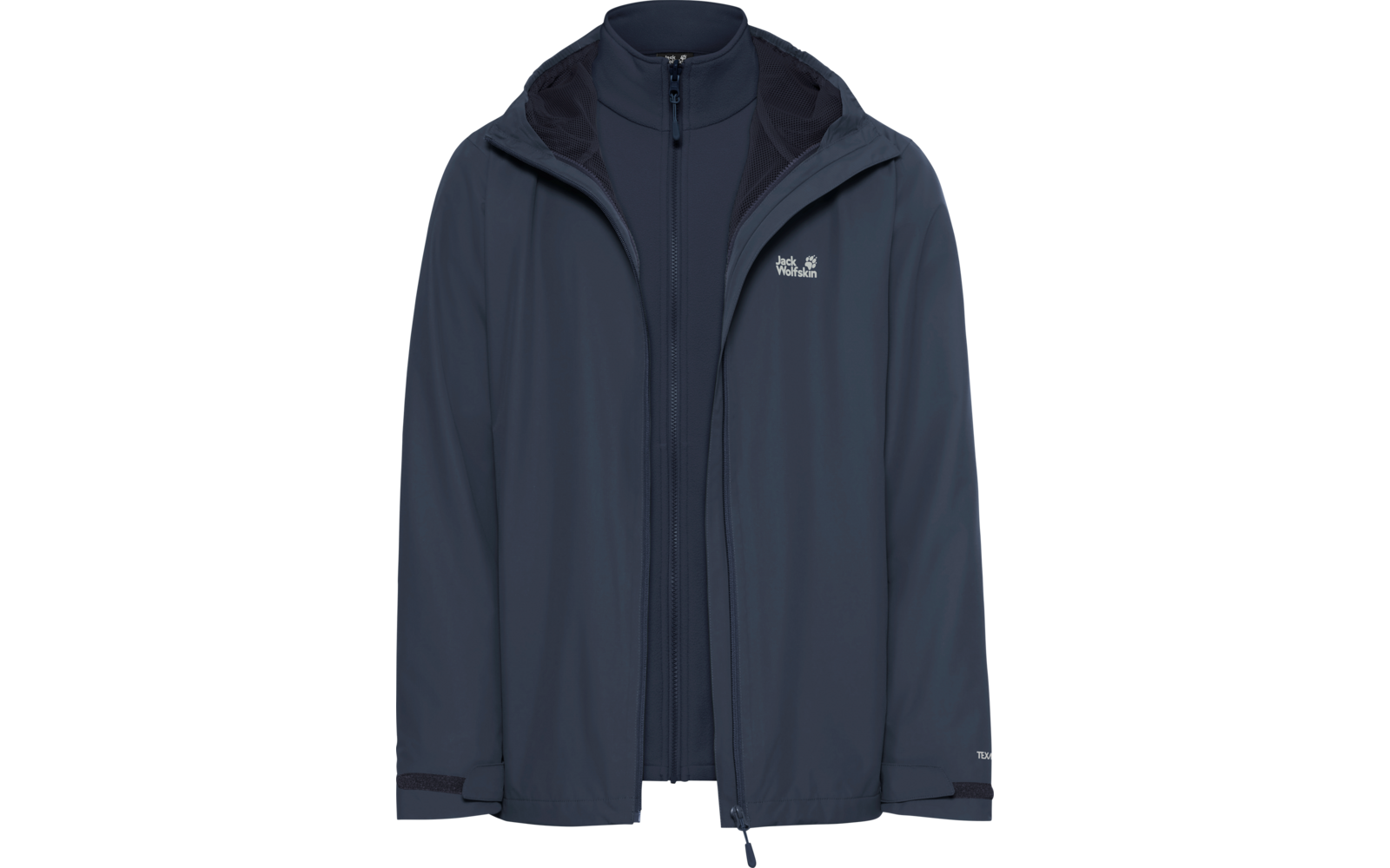 Donkerblauwe outdoorjas met capuchon, zichtbare binnenste ritssluitinglaag en klein wit merklogo op de borst