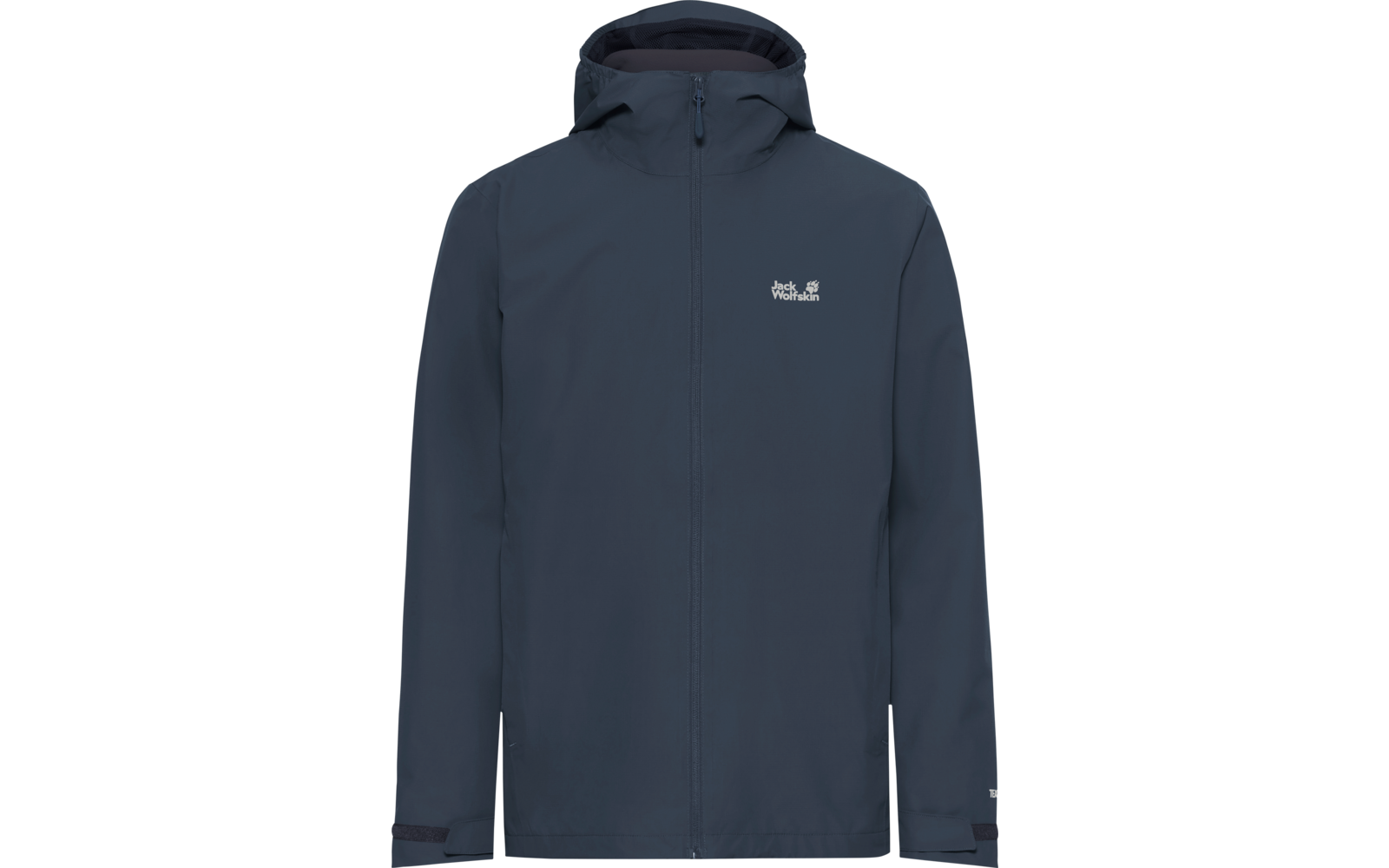 Donkerblauwe capuchonjas, voorkant, ritssluiting gesloten, wit logo op linker borst