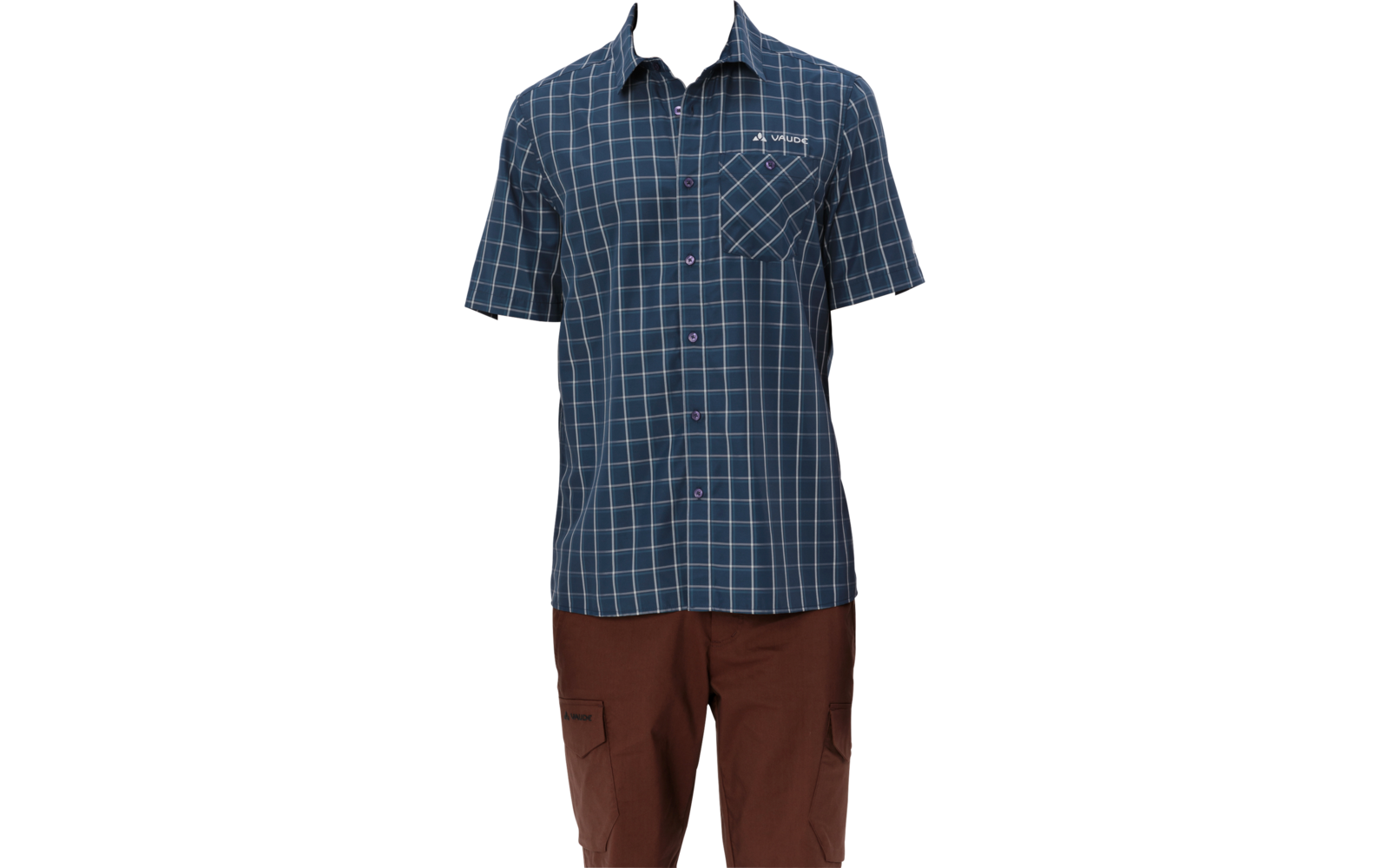 Man standing facing the camera, wearing a blue check short-sleeve shirt with a chest pocket and brown pants, white background