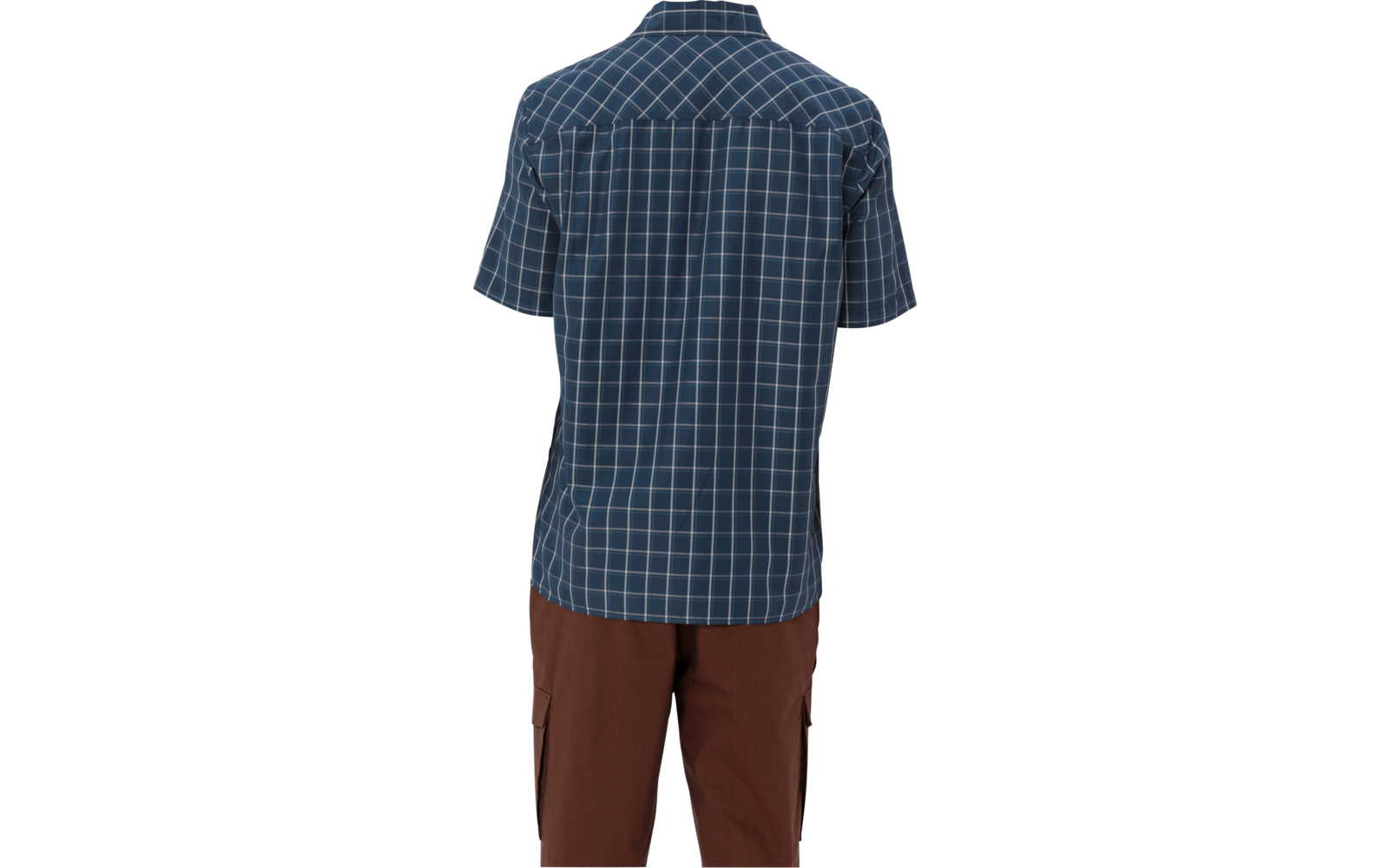 Person seen from behind wearing a short-sleeve blue checkered shirt and brown pants on a white background