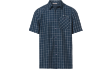 Dunkelblaues kurzärmliges Hemd mit weißem Karomuster, durchgehender Knopfleiste und Brusttasche
