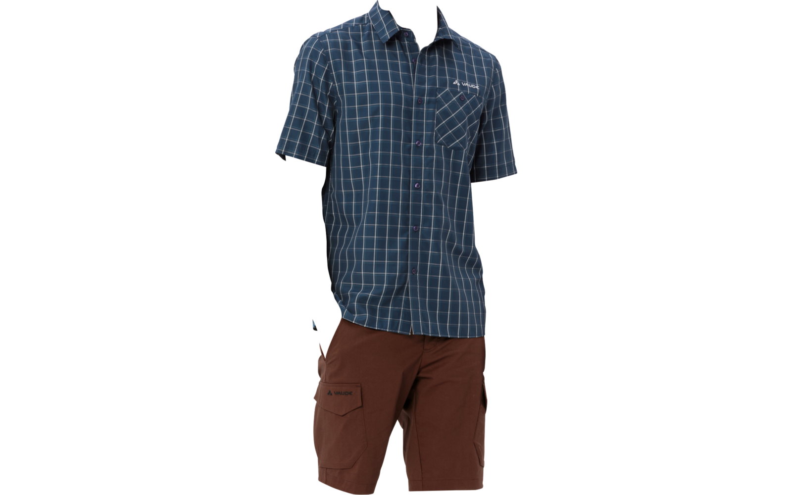 Man wearing a blue checked short-sleeve shirt and brown cargo shorts, with black sneakers and white socks, standing on a white background looking left