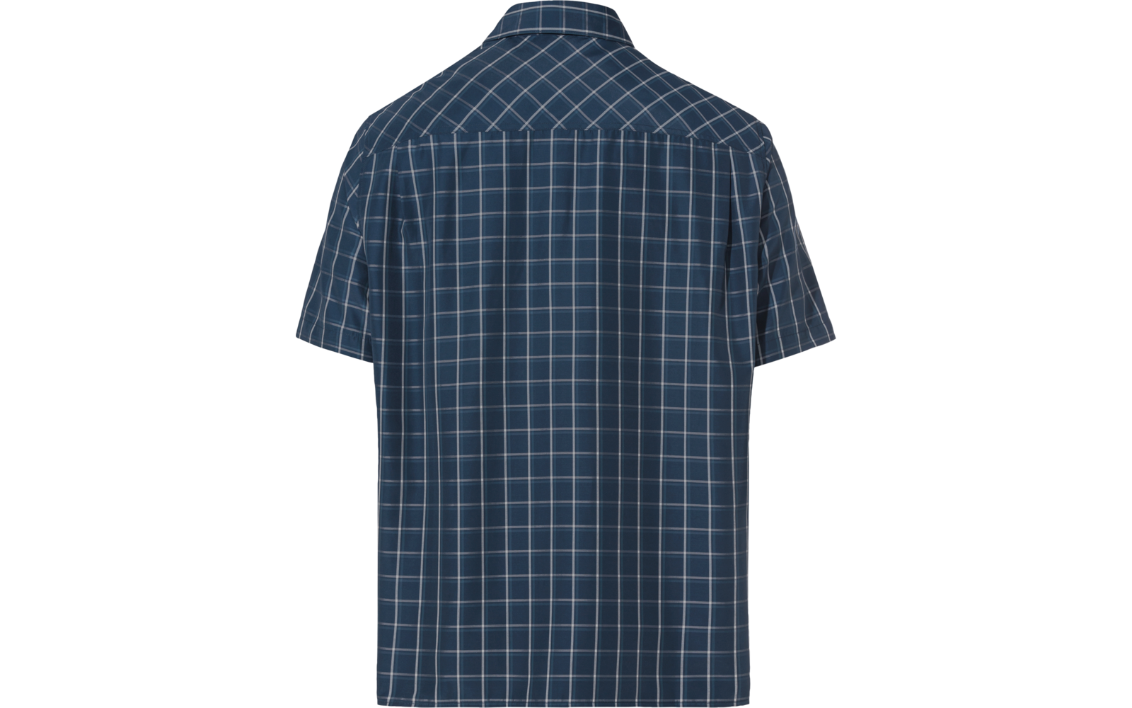 Rückansicht eines blau karierten Hemds mit kurzen Ärmeln
