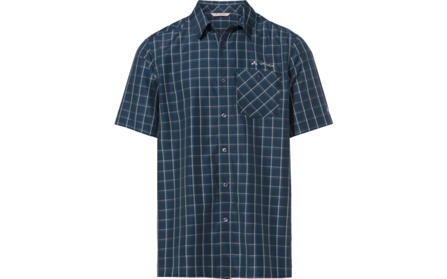 Dunkelblaues kurzärmliges Hemd mit weißem Karomuster, durchgehender Knopfleiste und Brusttasche