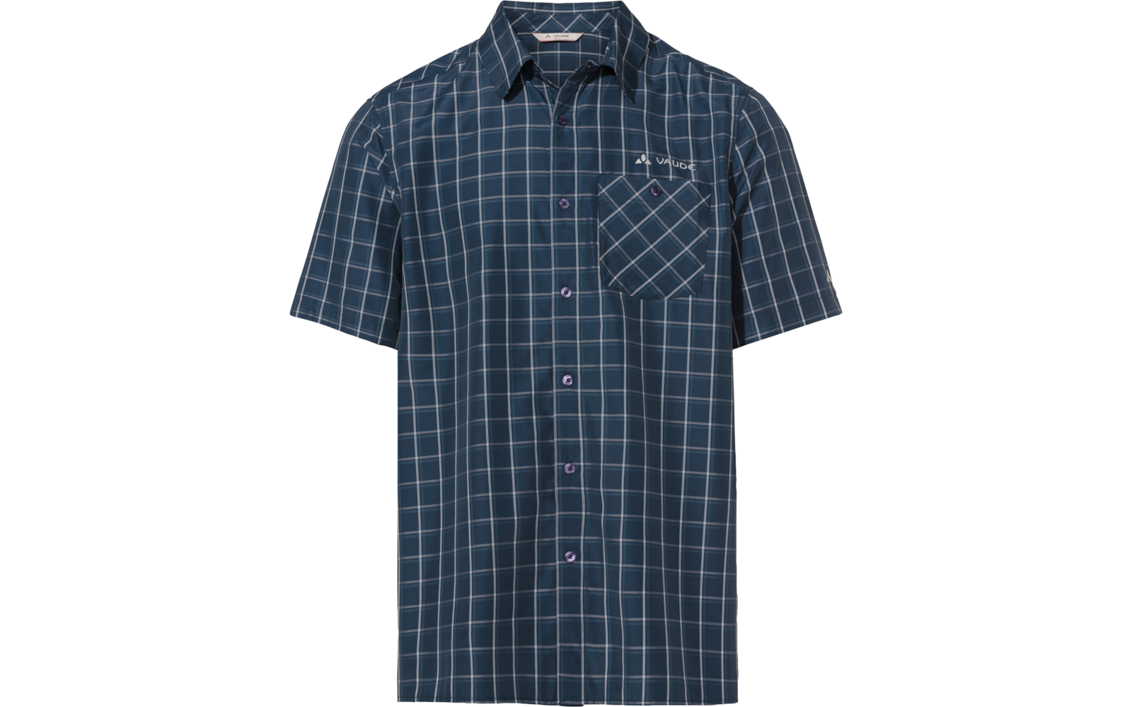 Dunkelblaues kurzärmliges Hemd mit weißem Karomuster, durchgehender Knopfleiste und Brusttasche