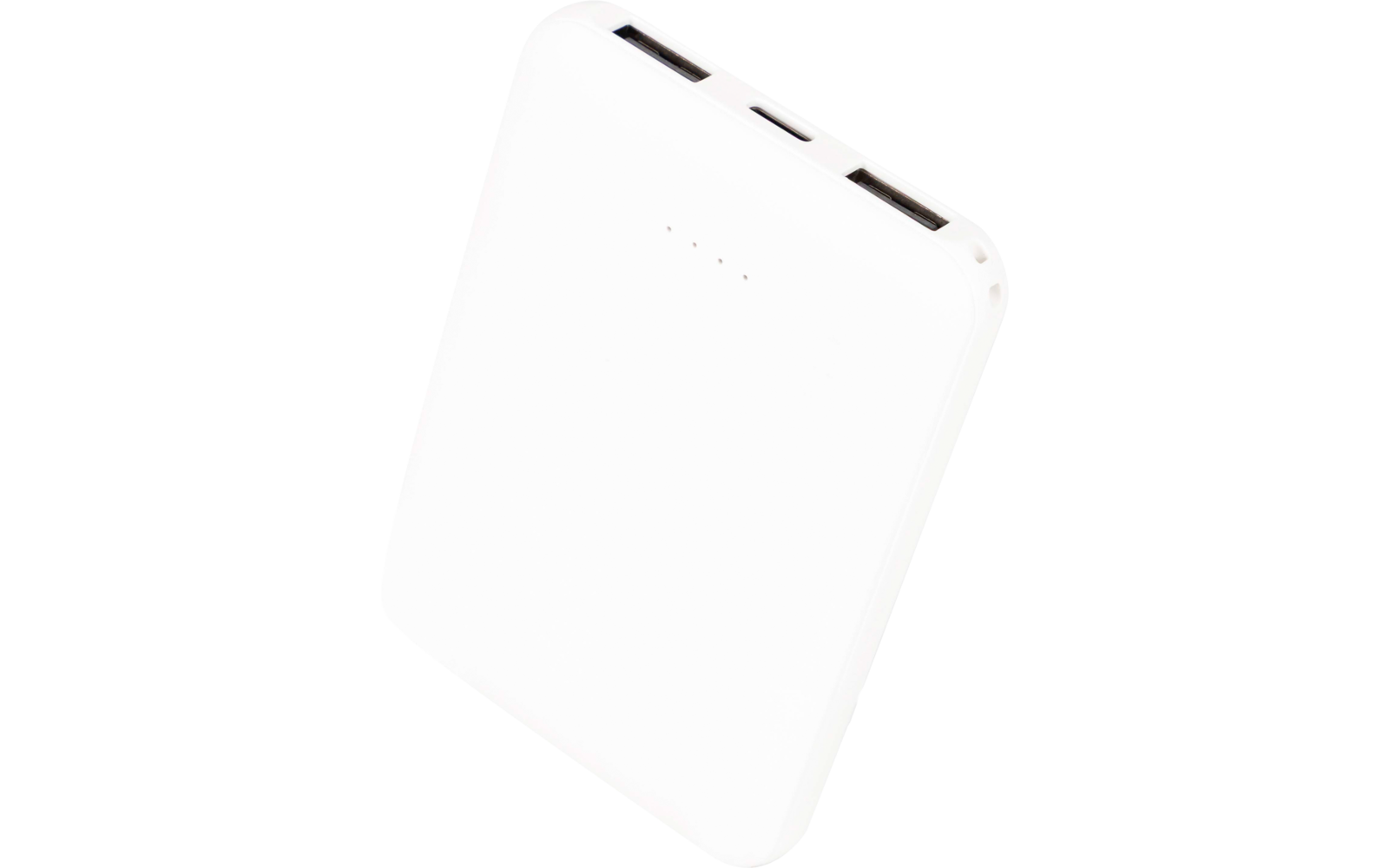 Witte rechthoekige draagbare oplader met afgeronde hoeken, twee USB-poorten bovenaan en vier kleine LED-lampjes aan de voorkant