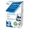 Emballage blanc et bleu avec l'inscription 'WM aquatec HYGIENE-TRIO', textes descriptifs plus petits, images de composants du produit, un cercle vert 'SET PREIS' et un petit camping-car