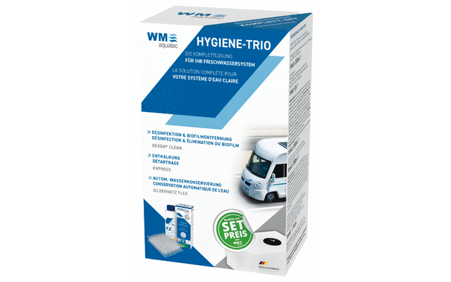 Emballage blanc et bleu avec l'inscription 'WM aquatec HYGIENE-TRIO', textes descriptifs plus petits, images de composants du produit, un cercle vert 'SET PREIS' et un petit camping-car