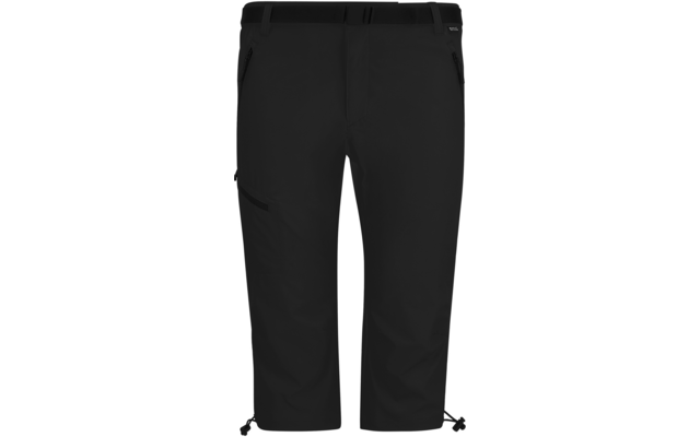 Schwarze 3/4-Hose mit Reißverschlusstaschen an den Hüften, einer seitlichen Reißverschlusstasche am Oberschenkel und Kordelzügen an den Saumenden