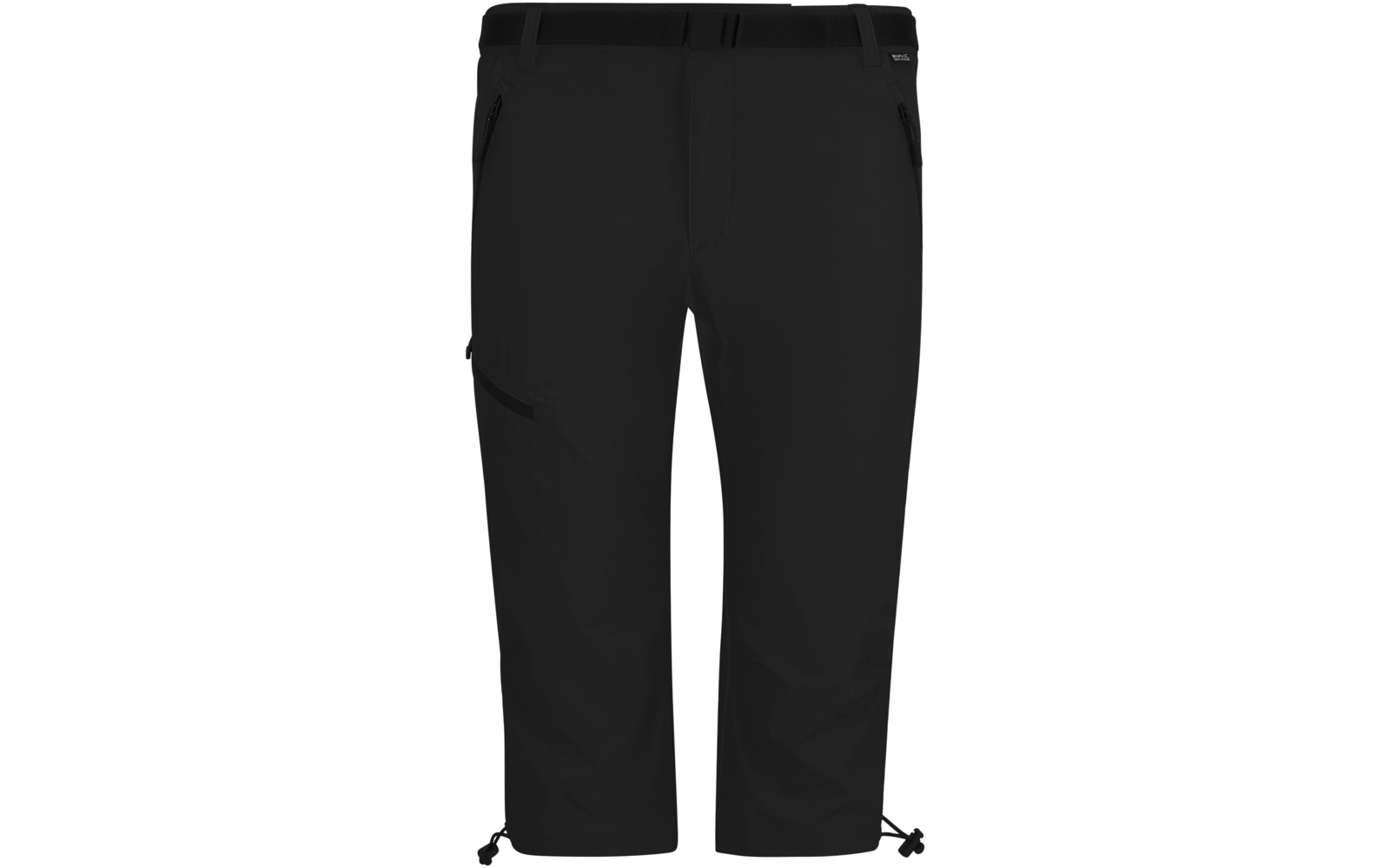 Schwarze 3/4-Hose mit Reißverschlusstaschen an den Hüften, einer seitlichen Reißverschlusstasche am Oberschenkel und Kordelzügen an den Saumenden