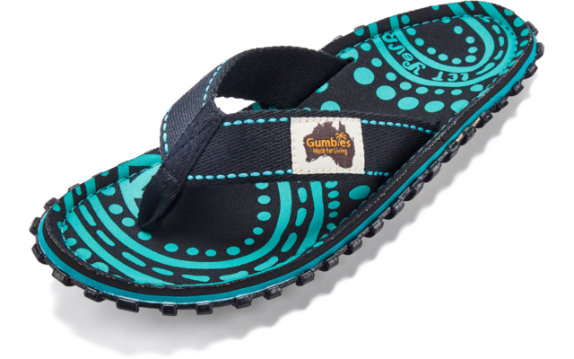 Single black and turquoise flip-flop with circular dot pattern, black fabric toe thong and small rectangular fabric label