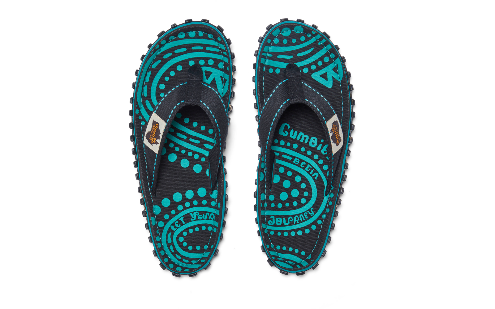 Two turquoise and black flip-flops with dotted and wavy patterns, top view, "Gumbies" text visible on the right sandal
