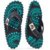 Two black flip‑flop sandals viewed from above, turquoise circular and dotted pattern, black fabric straps, studded soles, white labels with brown logo on the straps