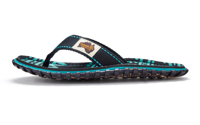 Single flip-flop, side view, black strap, turquoise-striped footbed, textured sole, white background