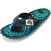 Single black and turquoise flip-flop with circular dot pattern, black fabric toe thong and small rectangular fabric label