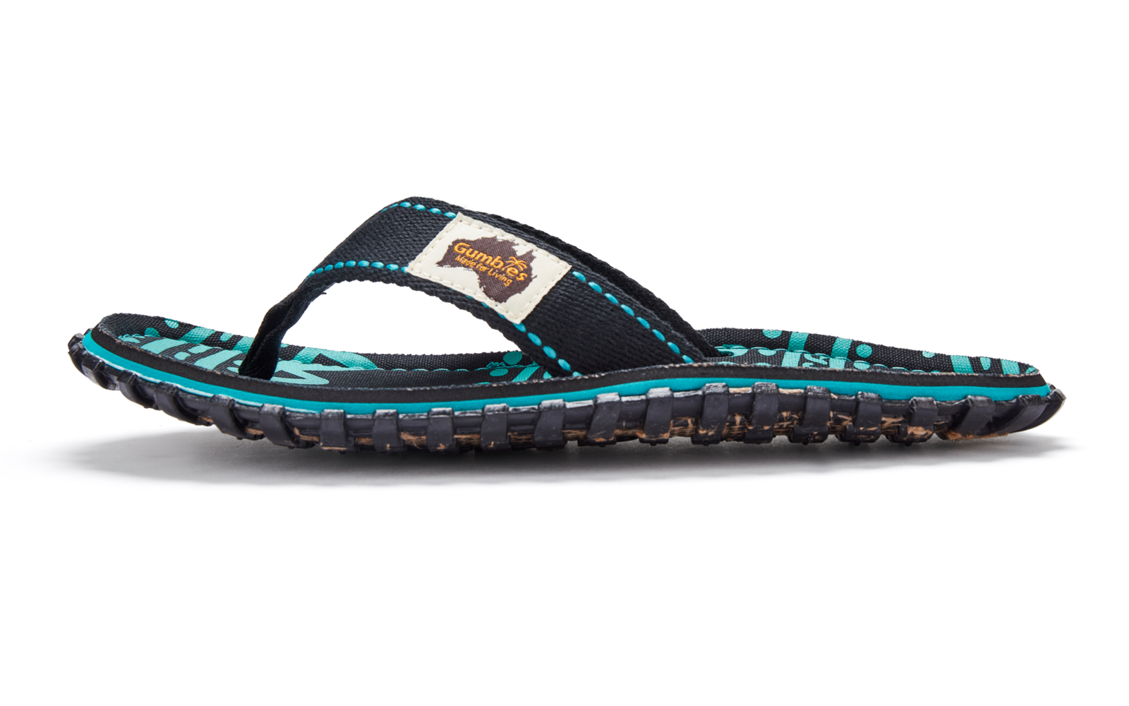 Single flip-flop, side view, black strap, turquoise-striped footbed, textured sole, white background