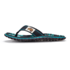 Single flip-flop, side view, black strap, turquoise-striped footbed, textured sole, white background