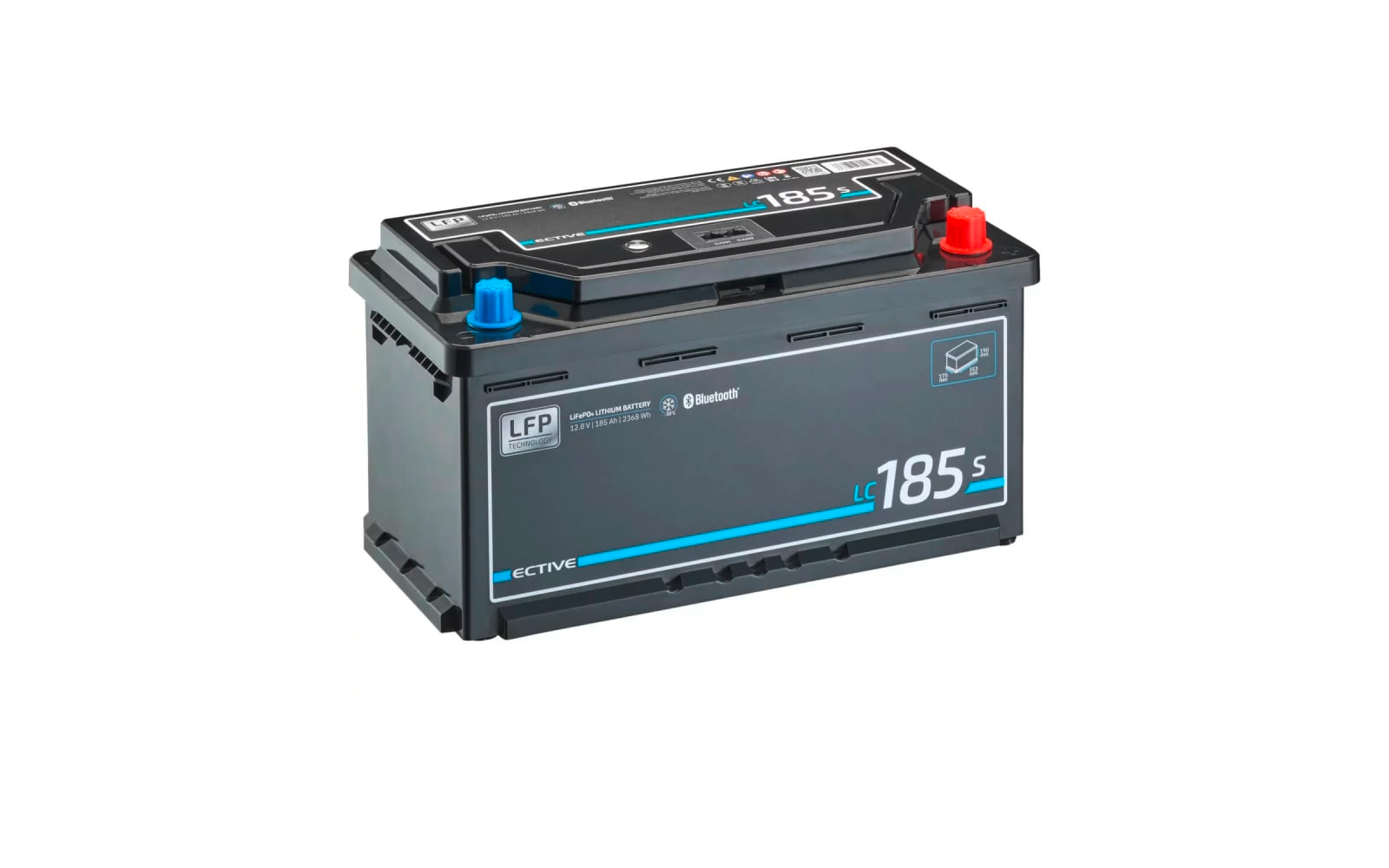 Schwarze Autobatterie mit blauen und roten Polen und blauen und weißen Schriftzügen