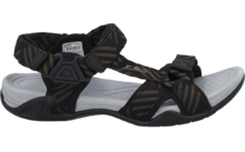 Schwarze offene Sandale mit verstellbaren Textilriemen, grauem Fußbett und sichtbarer Aufschrift auf dem Riemen, Seitenansicht