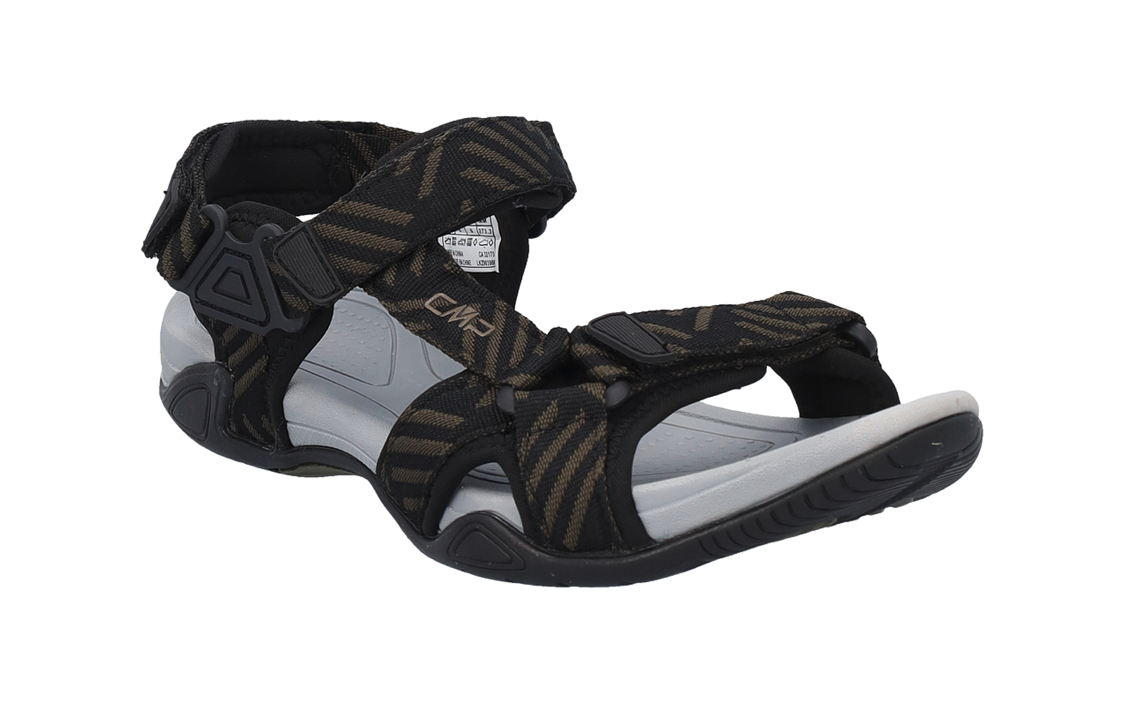 Sandale noire avec brides réglables à motif brun, semelle intérieure gris clair et semelle extérieure noire