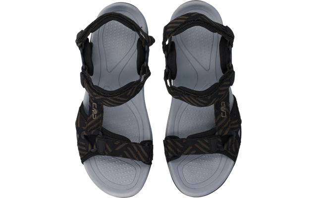 Paire de sandales noires à brides réglables et semelles intérieures gris clair, vue de dessus