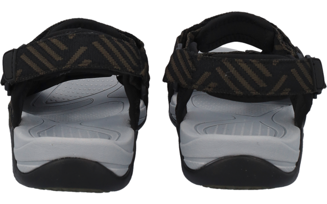 Deux sandales noires avec semelles intérieures grises et brides arrière à rayures diagonales, vue de dos