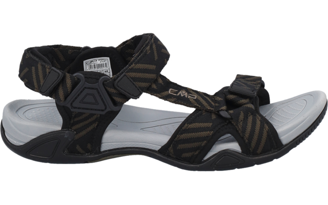 Sandale ouverte noire avec brides textiles réglables, semelle intérieure grise et inscription visible sur la bride, vue de côté