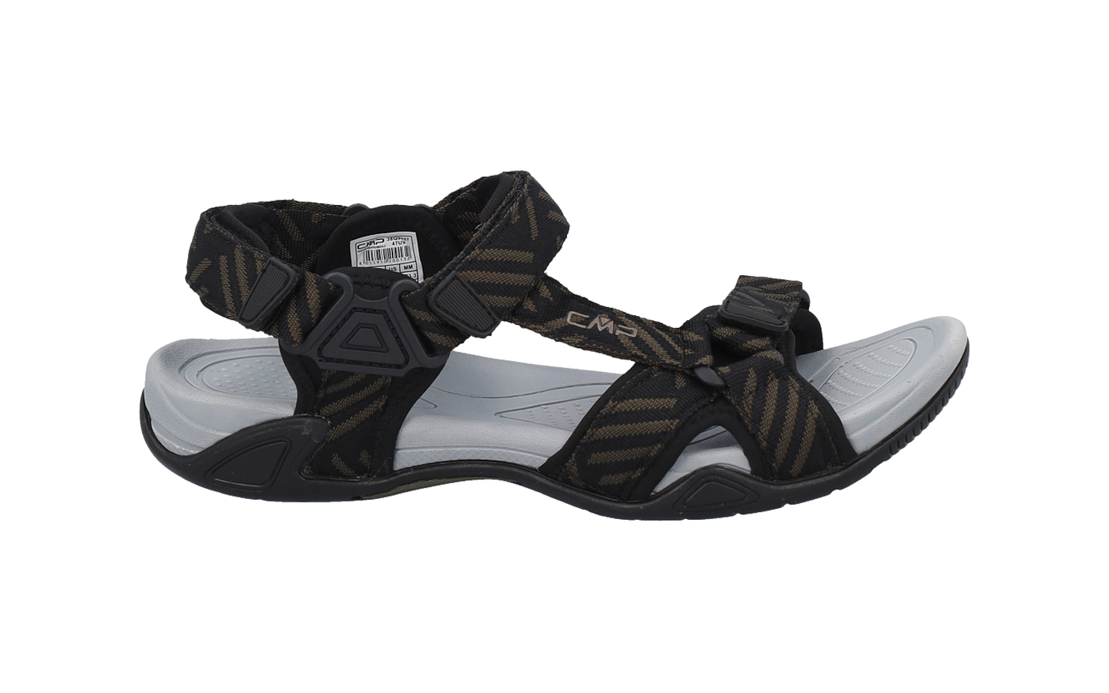 Sandale ouverte noire avec brides textiles réglables, semelle intérieure grise et inscription visible sur la bride, vue de côté