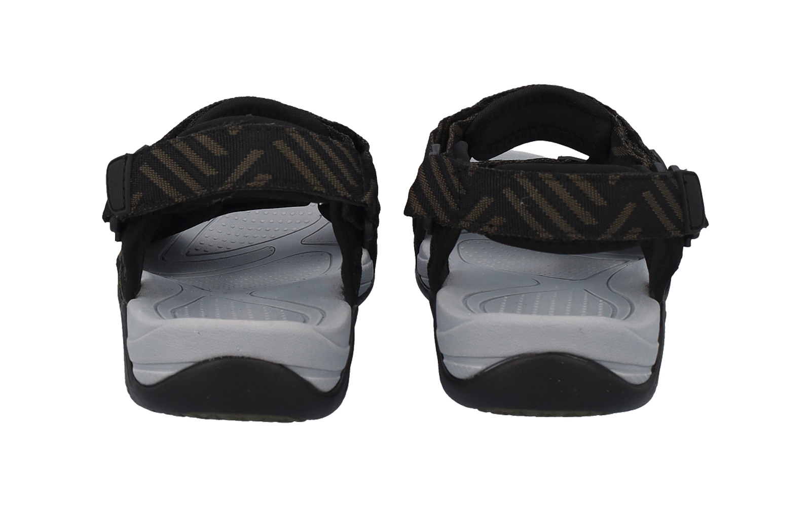 Deux sandales noires avec semelles intérieures grises et brides arrière à rayures diagonales, vue de dos