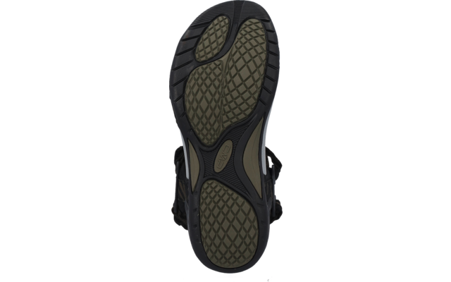 Dessous d'une sandale seule, bord en caoutchouc noir, semelle de couleur olive avec motif en losanges ; lanières visibles en haut