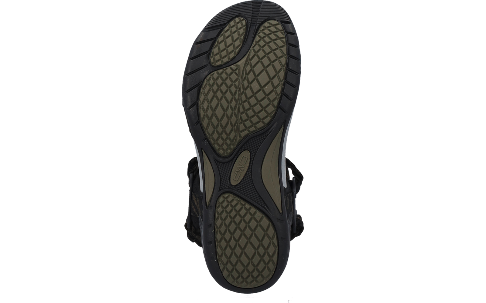 Dessous d'une sandale seule, bord en caoutchouc noir, semelle de couleur olive avec motif en losanges ; lanières visibles en haut