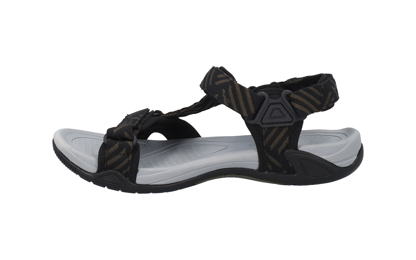 Sandale noire avec semelle intérieure grise, fermetures auto-agrippantes réglables et brides textiles à motif, semelle profilée, sandale isolée sur fond blanc
