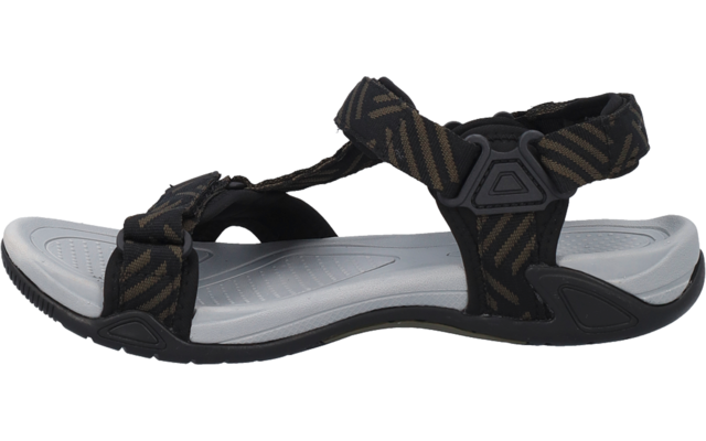 Sandale noire avec semelle intérieure grise, fermetures auto-agrippantes réglables et brides textiles à motif, semelle profilée, sandale isolée sur fond blanc