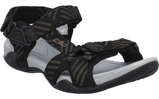 Sandale noire avec brides réglables à motif brun, semelle intérieure gris clair et semelle extérieure noire