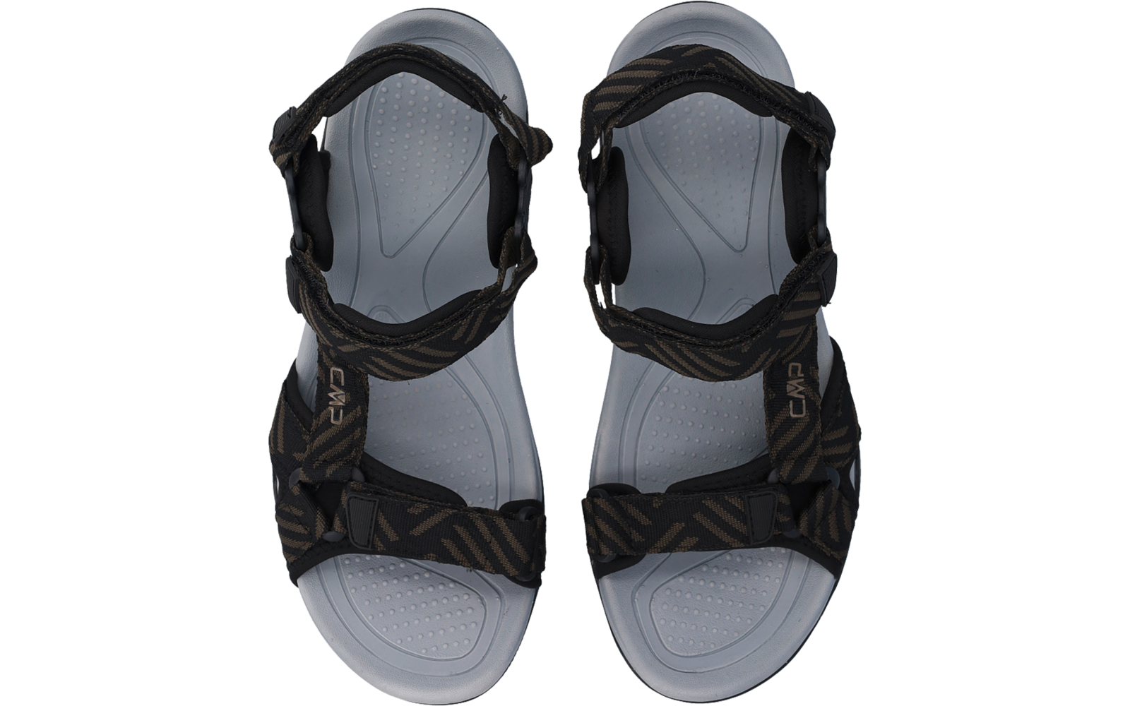 Paire de sandales noires à brides réglables et semelles intérieures gris clair, vue de dessus