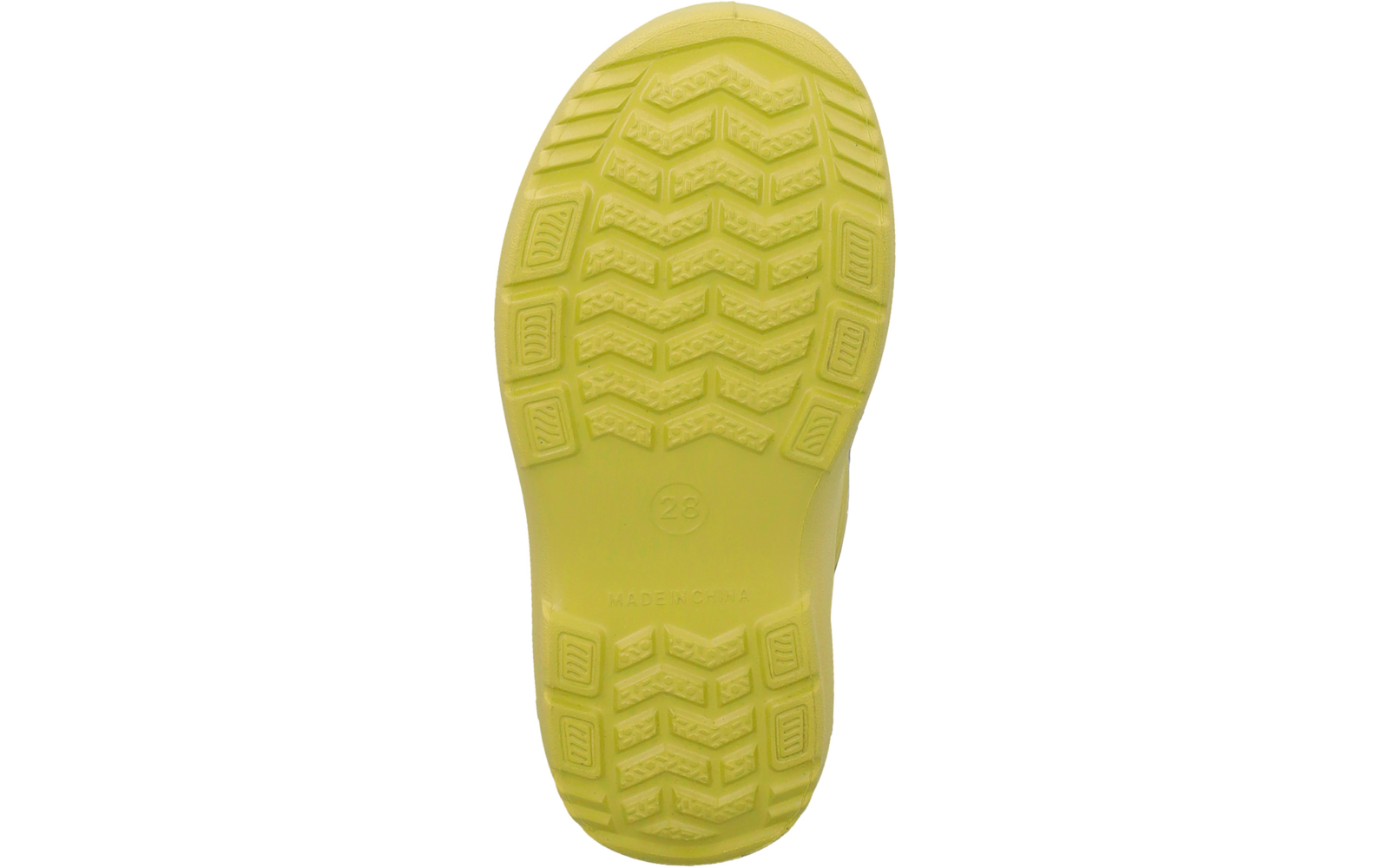 Gelbe Schuhsohle mit Profil, Größenangabe "28" und Prägung "MADE IN CHINA"