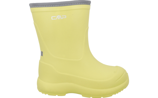 Gelber Gummistiefel in Seitenansicht mit grauem Schaftrand, weißem CMP-Logo und profilierter Sohle