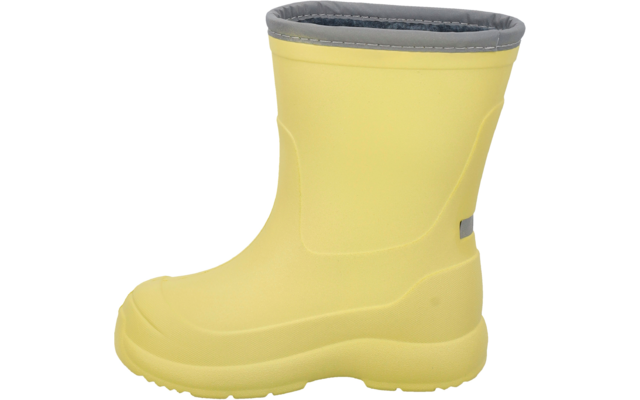 Gelber Gummistiefel, Seitenansicht, graues Innenfutter und grauer Rand, weißer Hintergrund